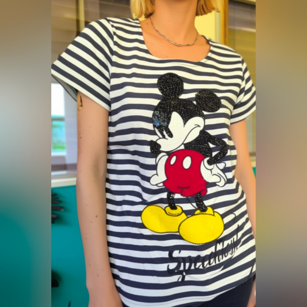 Princess Goes Hollywood Disney Navy and White Mickey Mouse Striped Tee